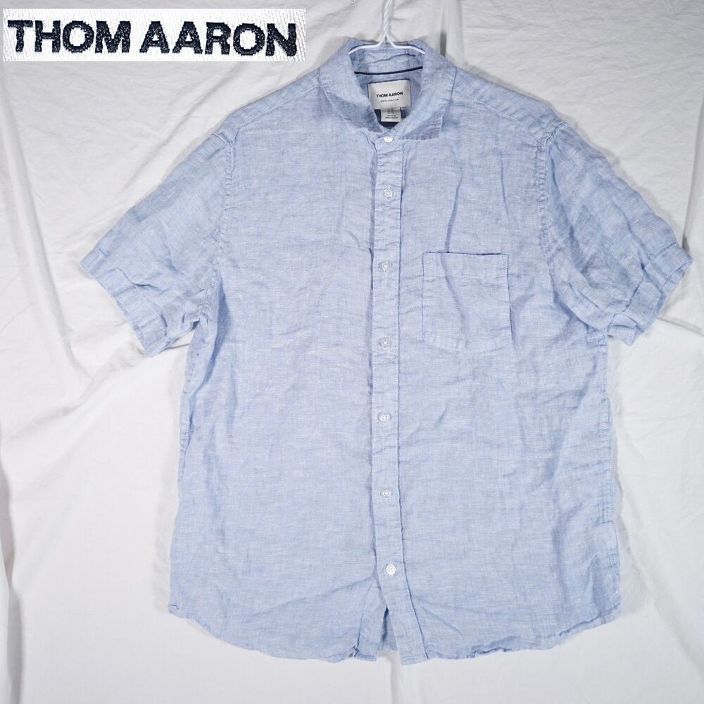Thom Aaron Linen Button Up Shirt Short Sleeve Blue Men's Medium